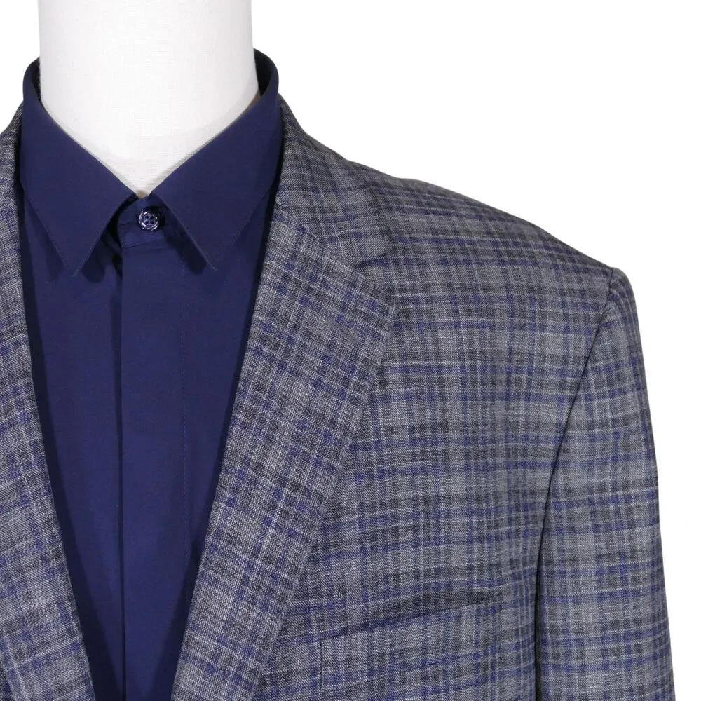 Jos A Bank Sport Coat Blazer Men 48L Traditional Unstructured Gray Blue Plaid